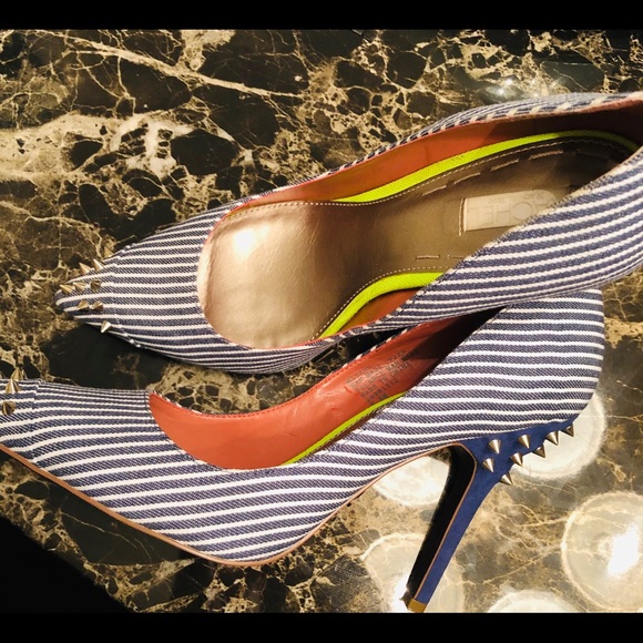 RACHEL ROY Blue & White Striped Studded Heels - Picture 2 of 4